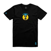 Black unisex t-shirt featuring a smiling blue alien with sunglasses and 'Beyond Happy' text – minimal futuristic graphic design