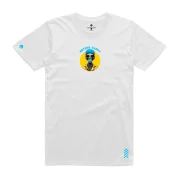 White unisex t-shirt featuring a smiling blue alien with sunglasses and 'Beyond Happy' text – minimal futuristic graphic design