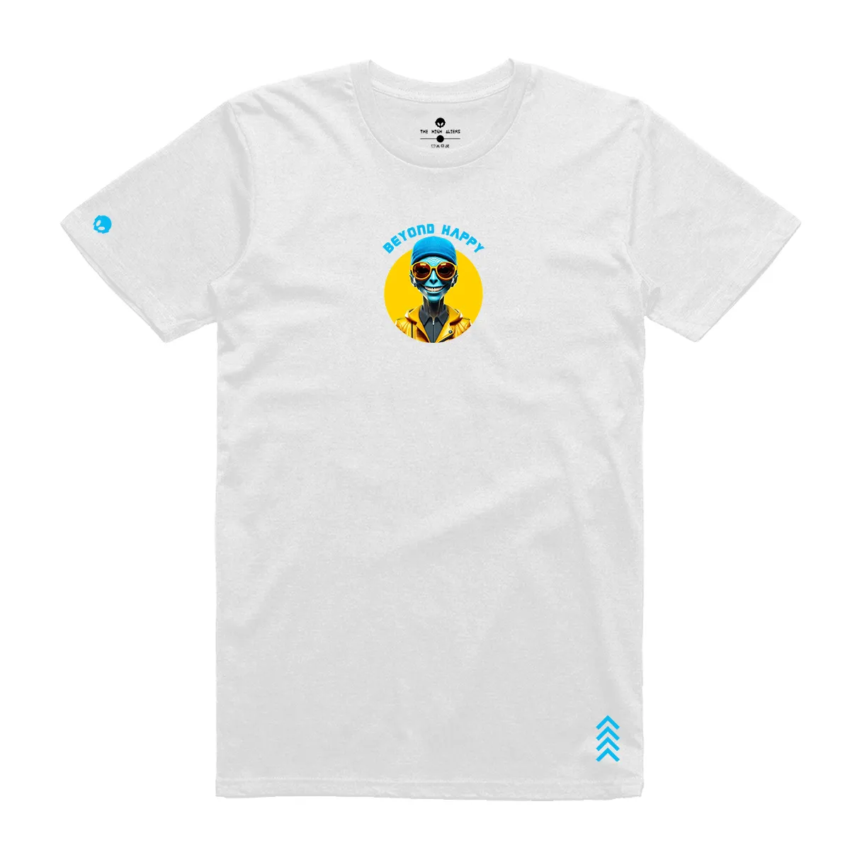 White unisex t-shirt featuring a smiling blue alien with sunglasses and 'Beyond Happy' text – minimal futuristic graphic design